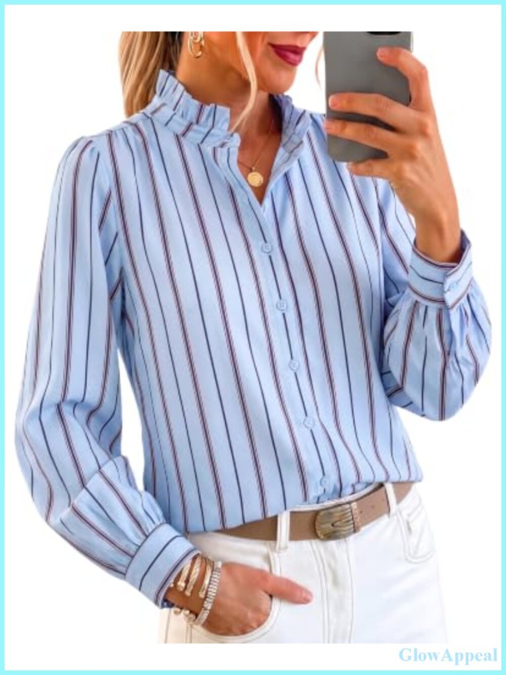 Womens Striped Ruffle Button Down Shirt Long Sleeve Color Block Blouse